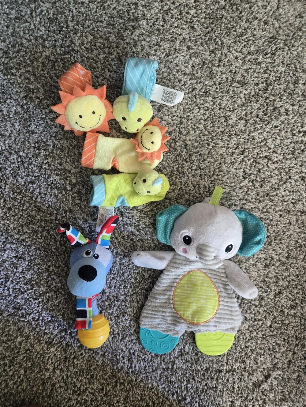 Set Of Infant Toys Includingdog, Elephant And Wrist/feet Rattles